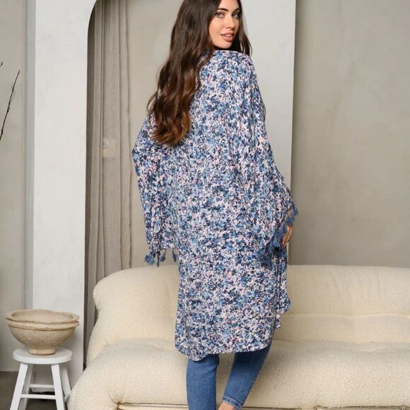NEW! Beautiful Boho Bell Sleeves Long Open Front Blue Mute Floral Kimono Duster - Picture 3 of 4